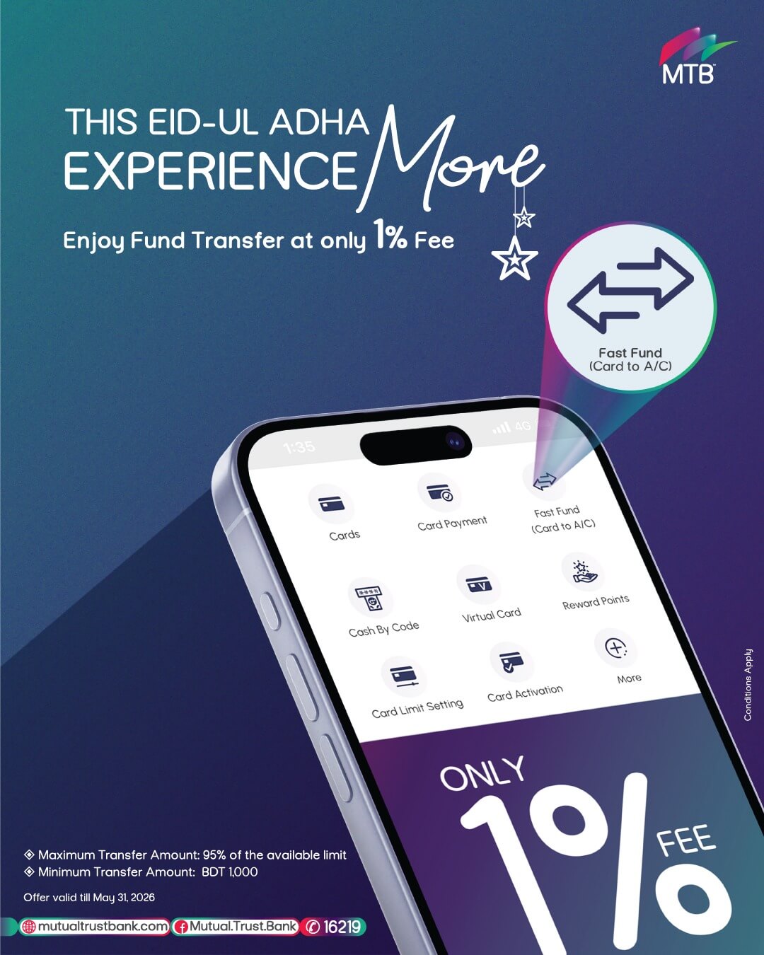Enjoy Fund Transfer at Only 1% Fee